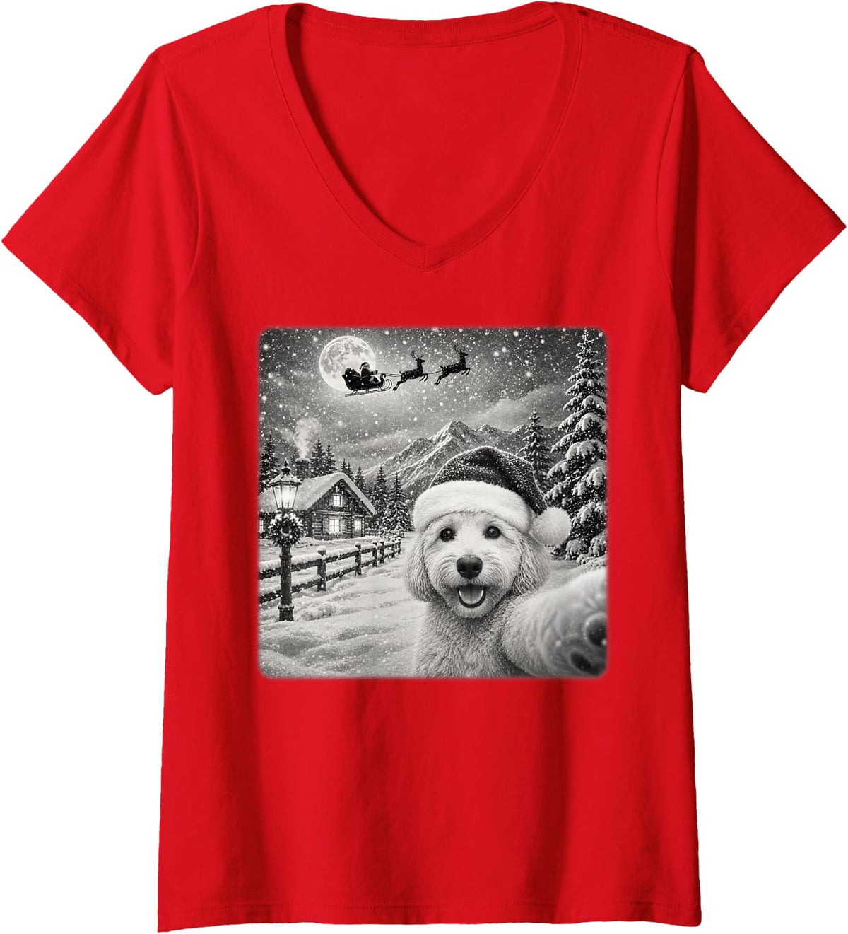 Women's Xmas Moon Night Santa Sleigh Goldendoodle Dog Christmas V-Neck T-Shirt - Red