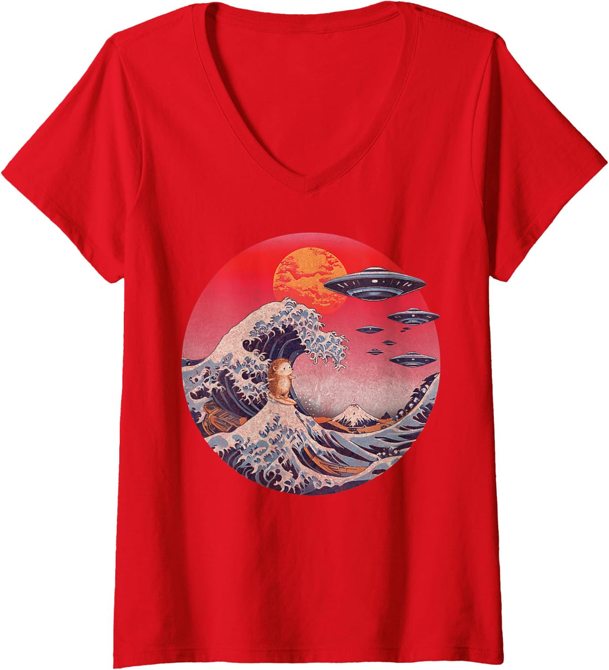 Women's Great Wave Off Kanagawa Japanese UFO Flying Saucers Hedgehog V-Neck T-Shirt - Red