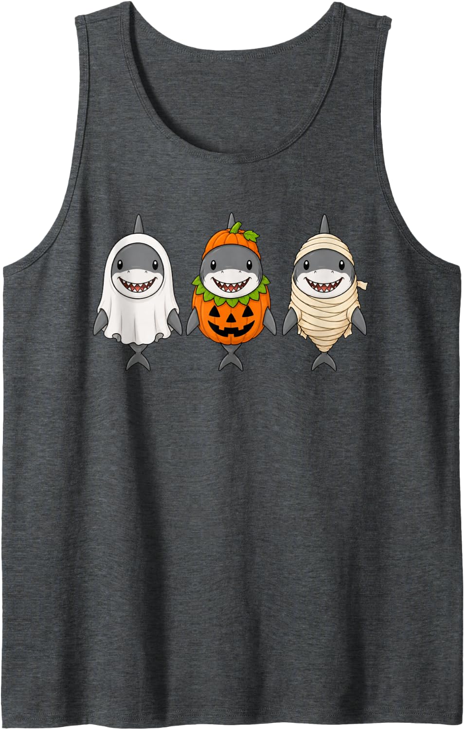 Spooky Shark Pumpkin Ghost Halloween Sea Animal Tank Top - Dark Heather Grey