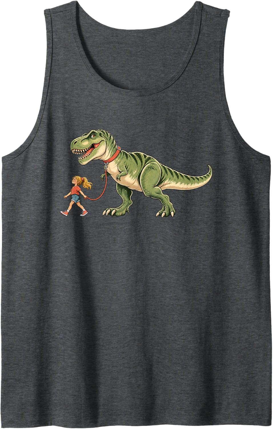 Girl Walking Pet T-Rex Funny Dinosaur Lover Graphic Sleeveless Tank Top - Dark Heather Grey