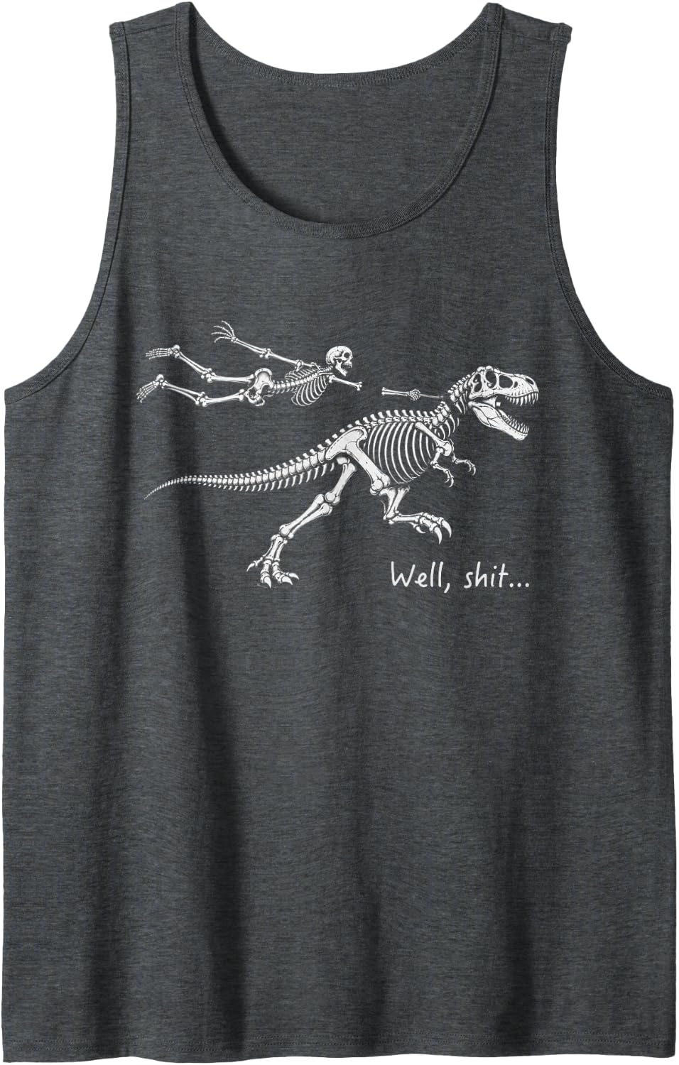 Well Shit Skeleton Riding Dinosaur Trex Funny Halloween Meme Sleeveless Tank Top - Dark Heather Grey
