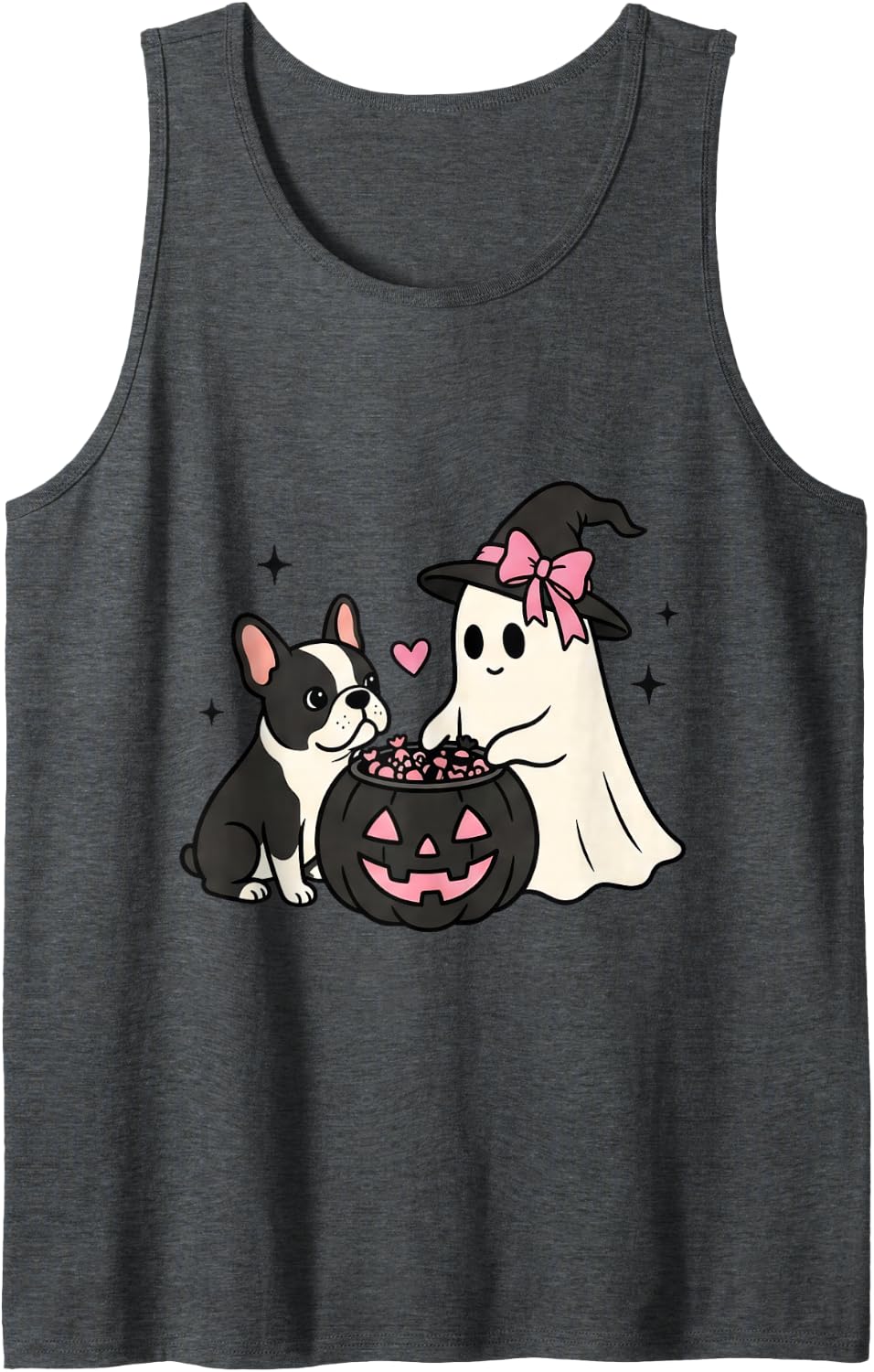 Frenchie Halloween Shirt Ghost Witch Hat Pink Bow Pumpkin Sleeveless Tank Top - Dark Heather Grey