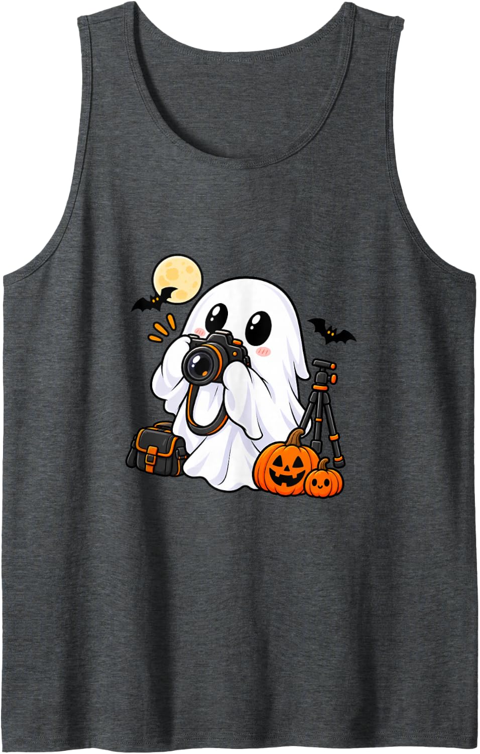 Cute Halloween Photographer Ghost Camera Pumpkin Graphic Sleeveless Tank Top - Dark Heather Grey