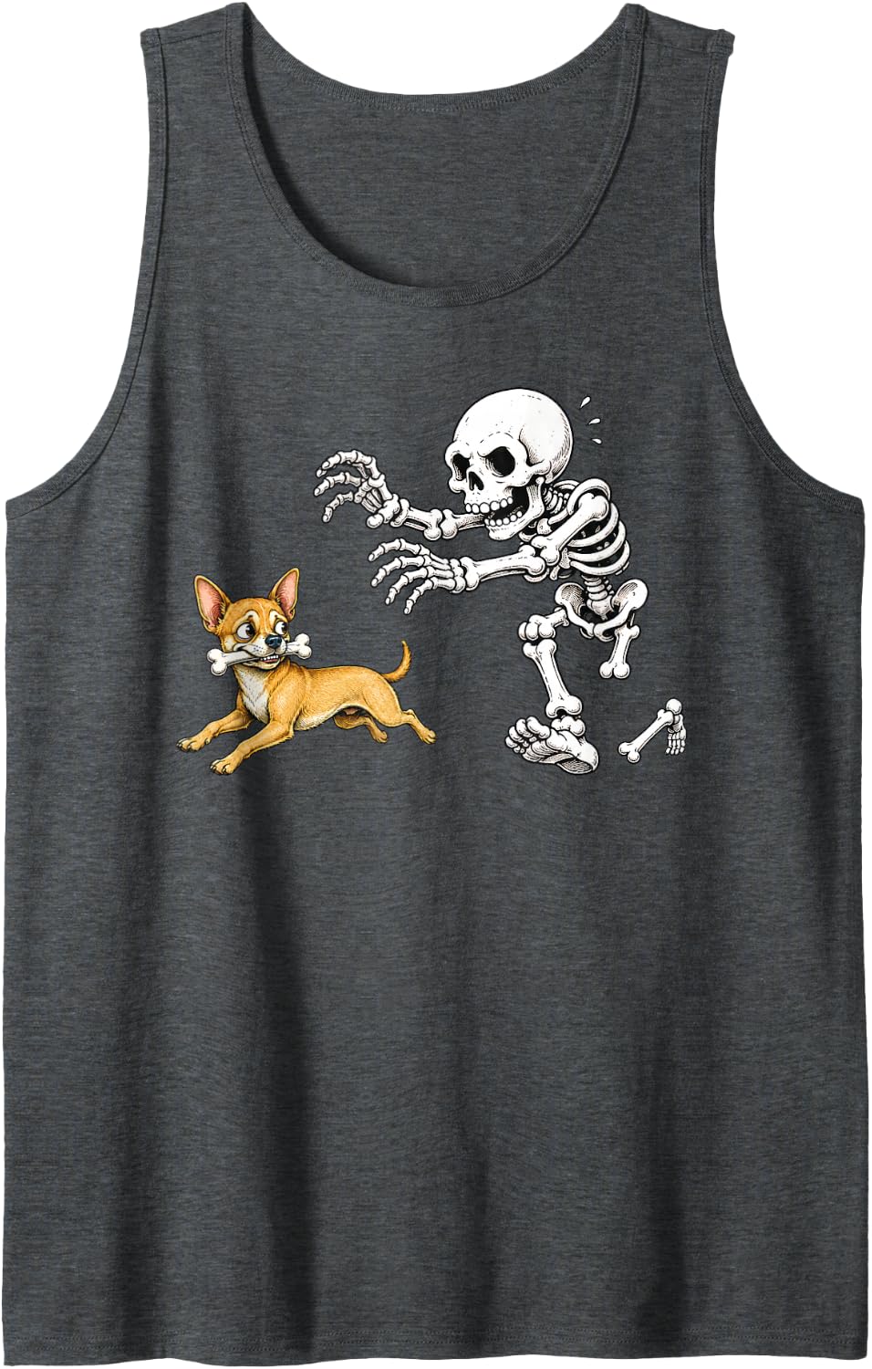 Chihuahua Dog Skeleton Bone Chase Funny Halloween Humor Tank Top - Dark Heather Grey