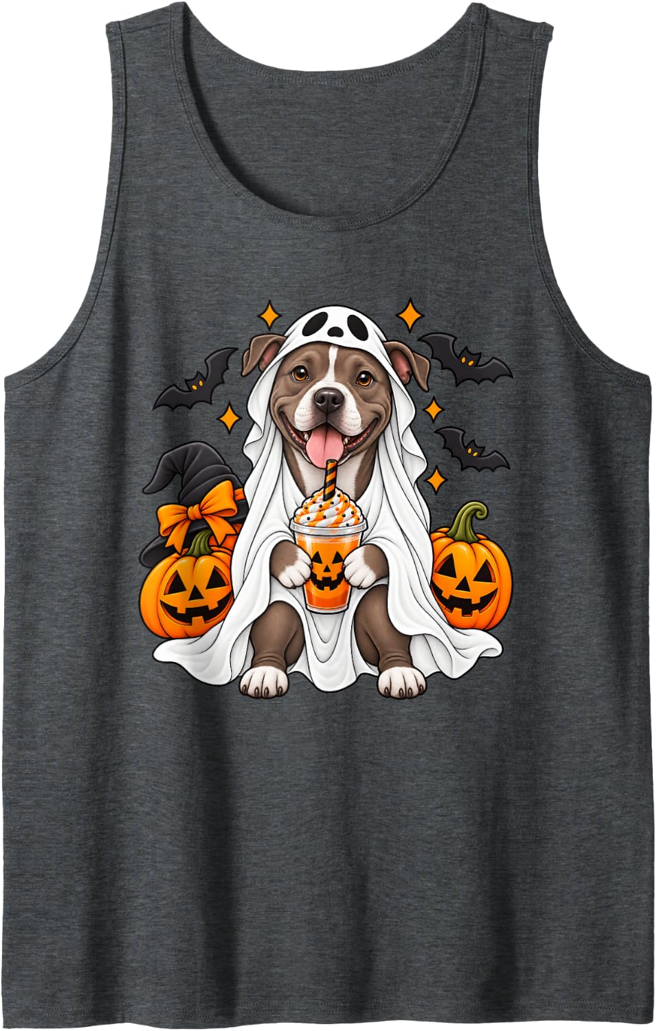 Cute Pitbull Ghost Pumpkin Spice Dog Lovers Halloween Tank Top - Dark Heather Grey