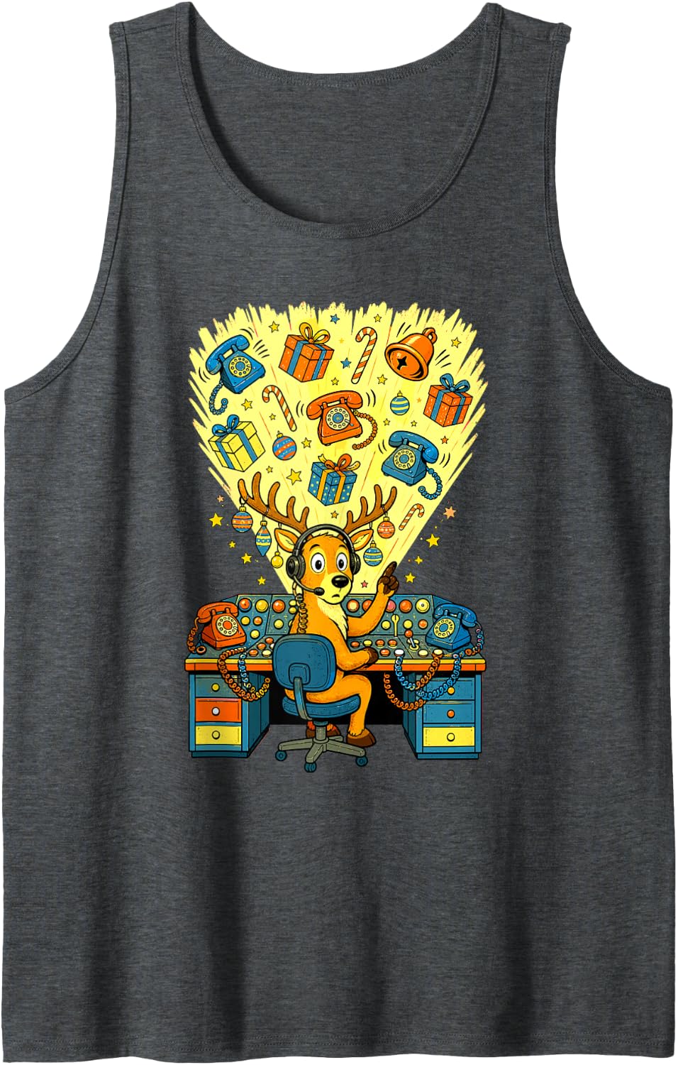 911 Dispatcher Christmas Reindeer Headset Sleeveless Tank Top - Dark Heather Grey