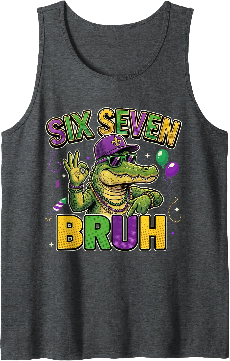 Six Seven Bruh Boys Kids Mardi Gras Alligator Mardi Gator 67 Sleeveless Tank Top - Dark Heather Grey