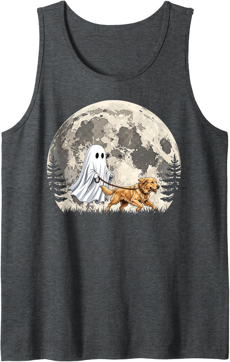 Funny Ghost Walking Golden Retriever Full Moon Halloween Tank Top - Dark Heather Grey