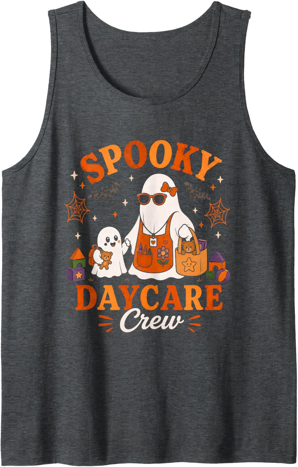 Spooky Daycare Crew Childcare Teacher Halloween Ghost Sleeveless Tank Top - Dark Heather Grey