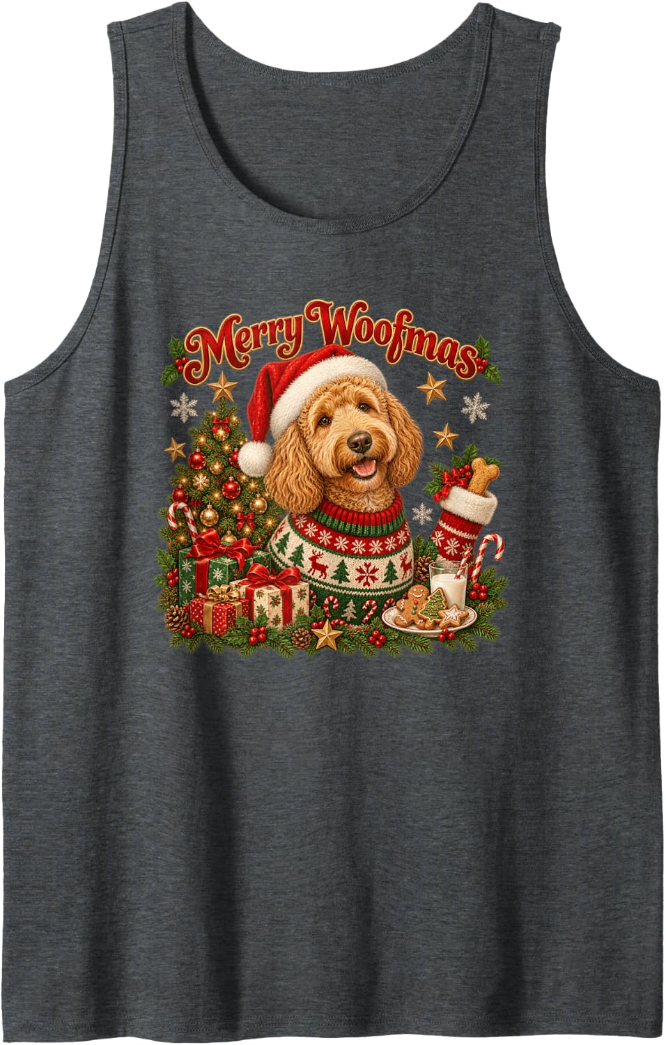 Merry Woofmas Goldendoodle Santa Christmas Sleeveless Tank Top - Dark Heather Grey