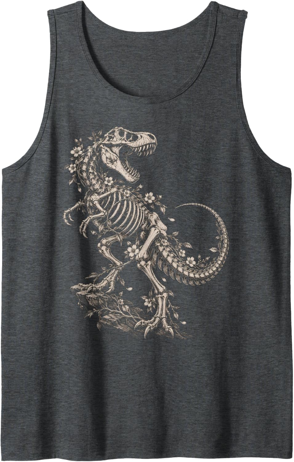 Floral Tee Rex Skeleton Dinosaur Gothic Botanical Fossil Art Sleeveless Tank Top - Dark Heather Grey