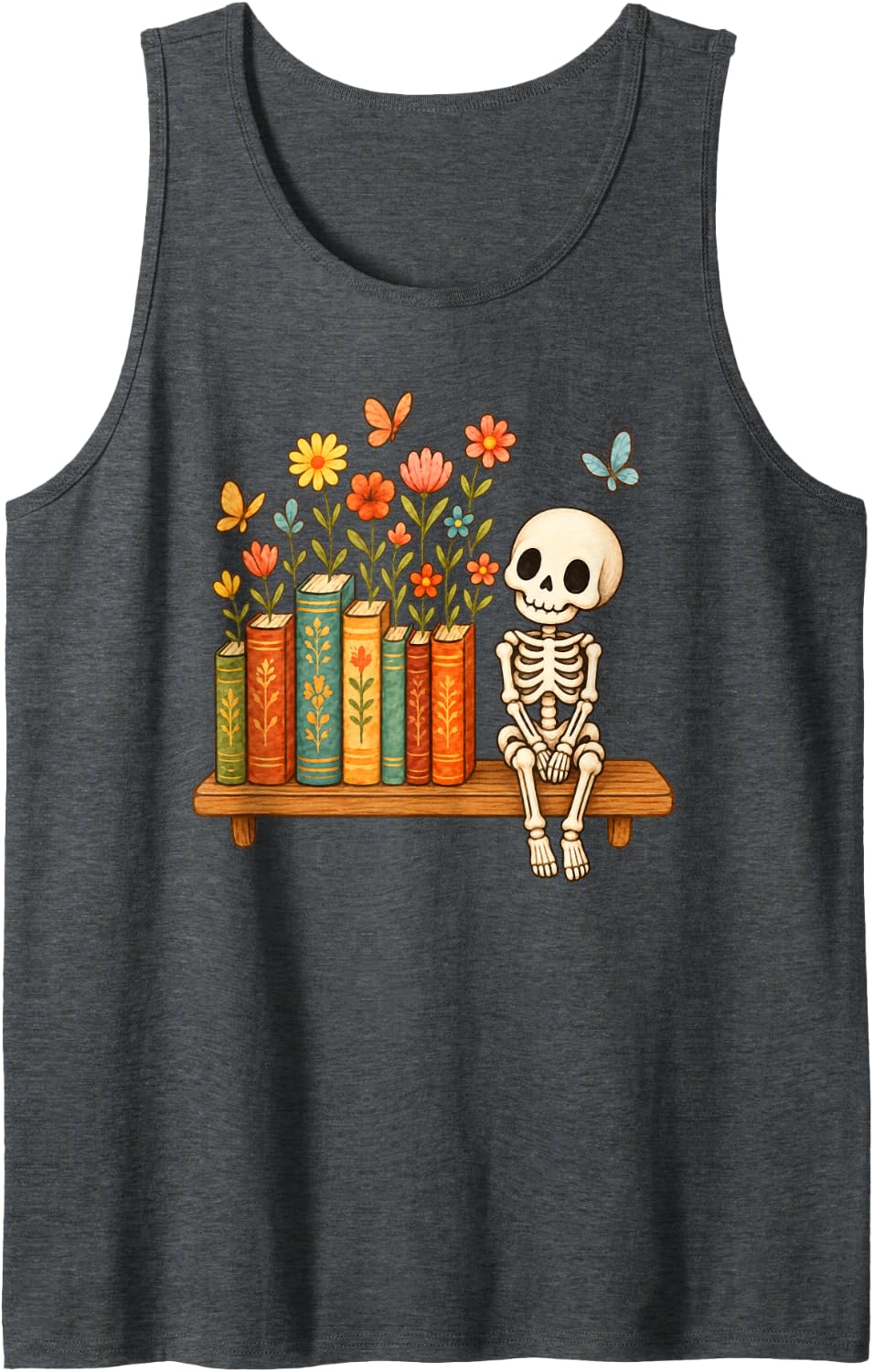 Cute Skeleton Books Flowers Sleeveless Tank Top - Dark Heather Grey