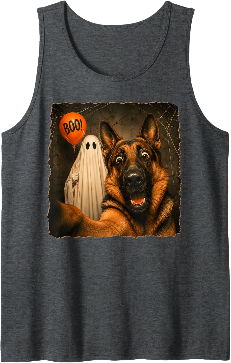 Funny German Shepherd Dog Selfie with Ghost Happy Halloween Sleeveless Tank Top - Dark Heather Grey