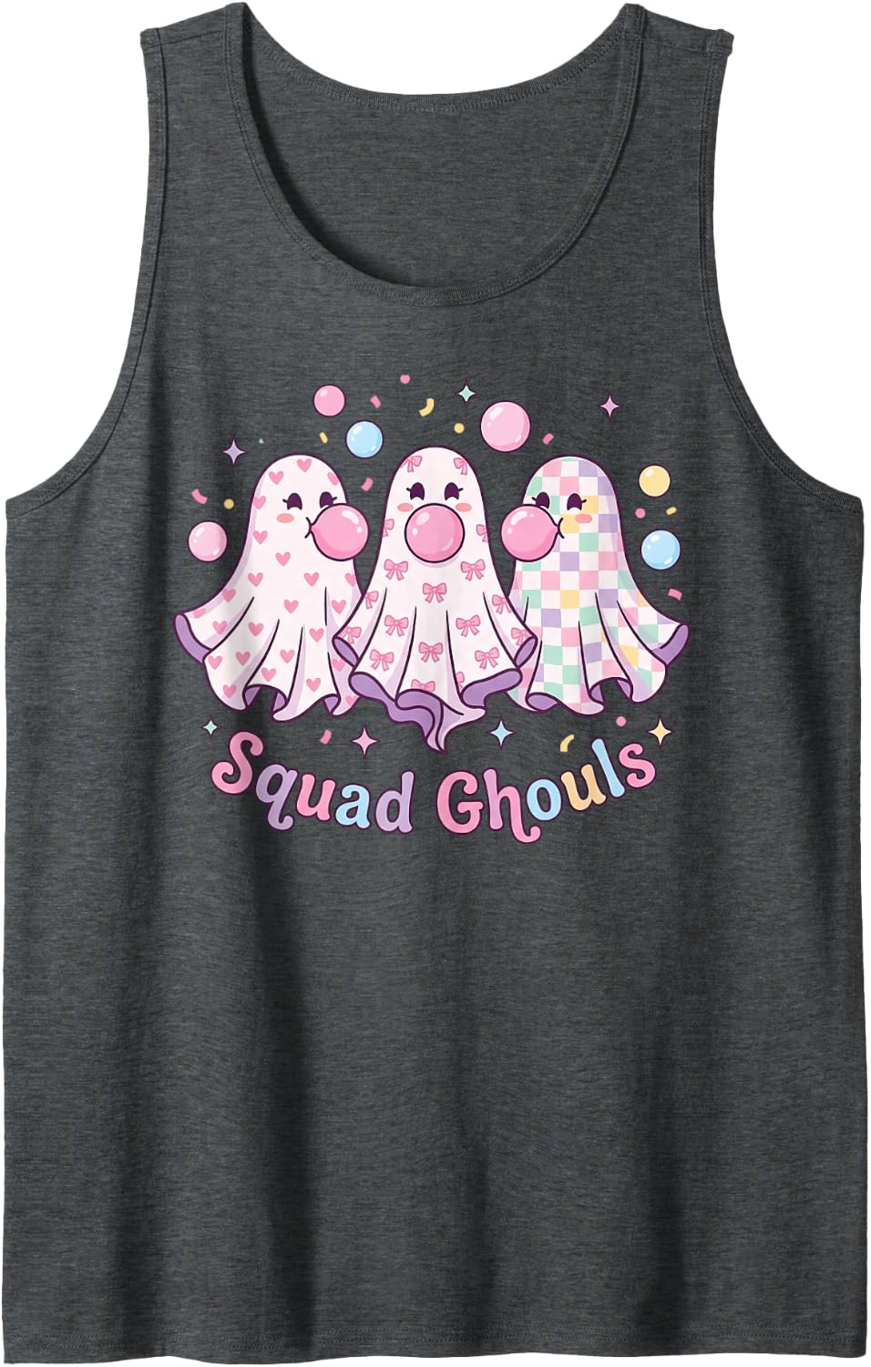 Squad Ghouls Pink Halloween Cute Spooky Scary Ghost Crew Fun Sleeveless Tank Top - Dark Heather Grey