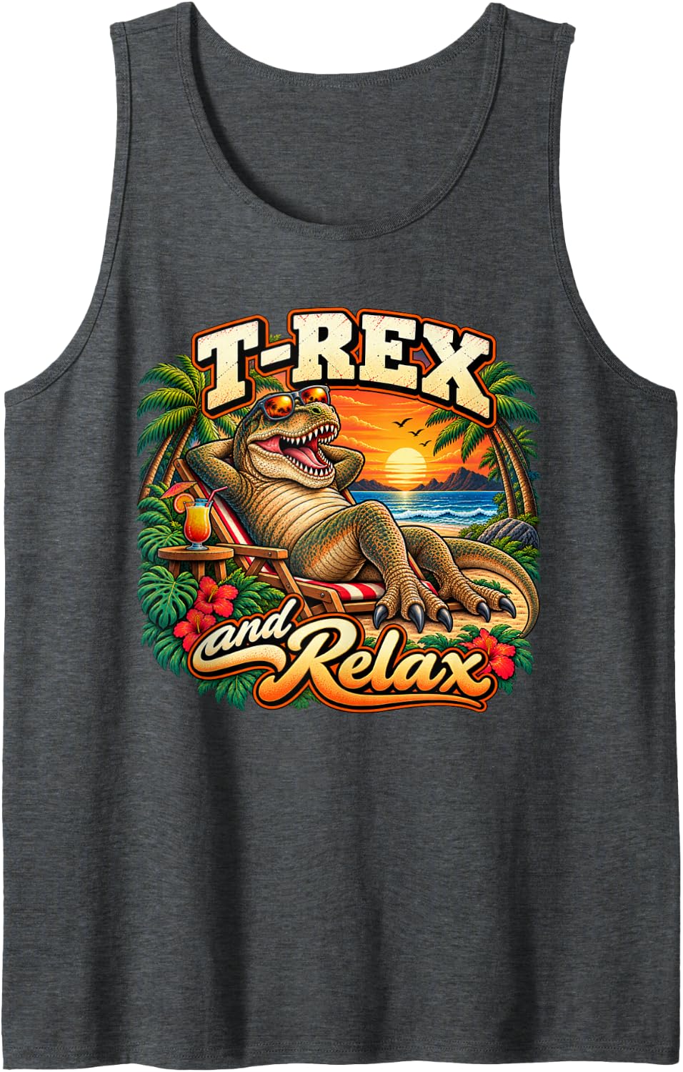 T-Rex and Relax Funny Dinosaur Beach Vacation Summer Sleeveless Tank Top - Dark Heather Grey