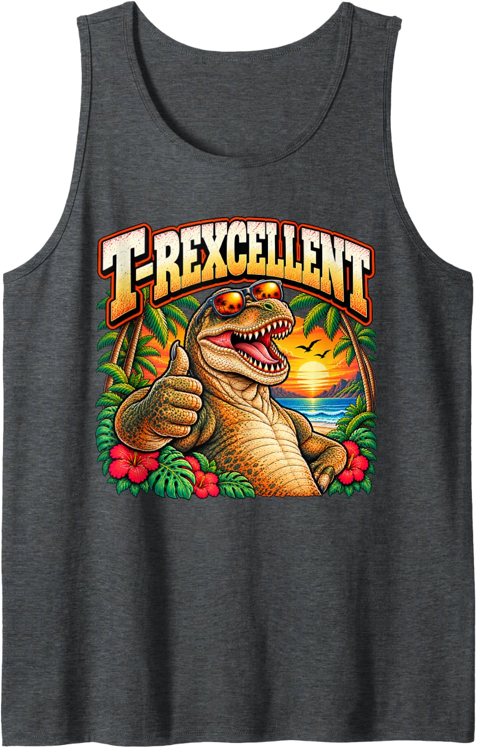 T-Rexcellent Funny T-Rex Dinosaur Thumbs Up Humor Sleeveless Tank Top - Dark Heather Grey