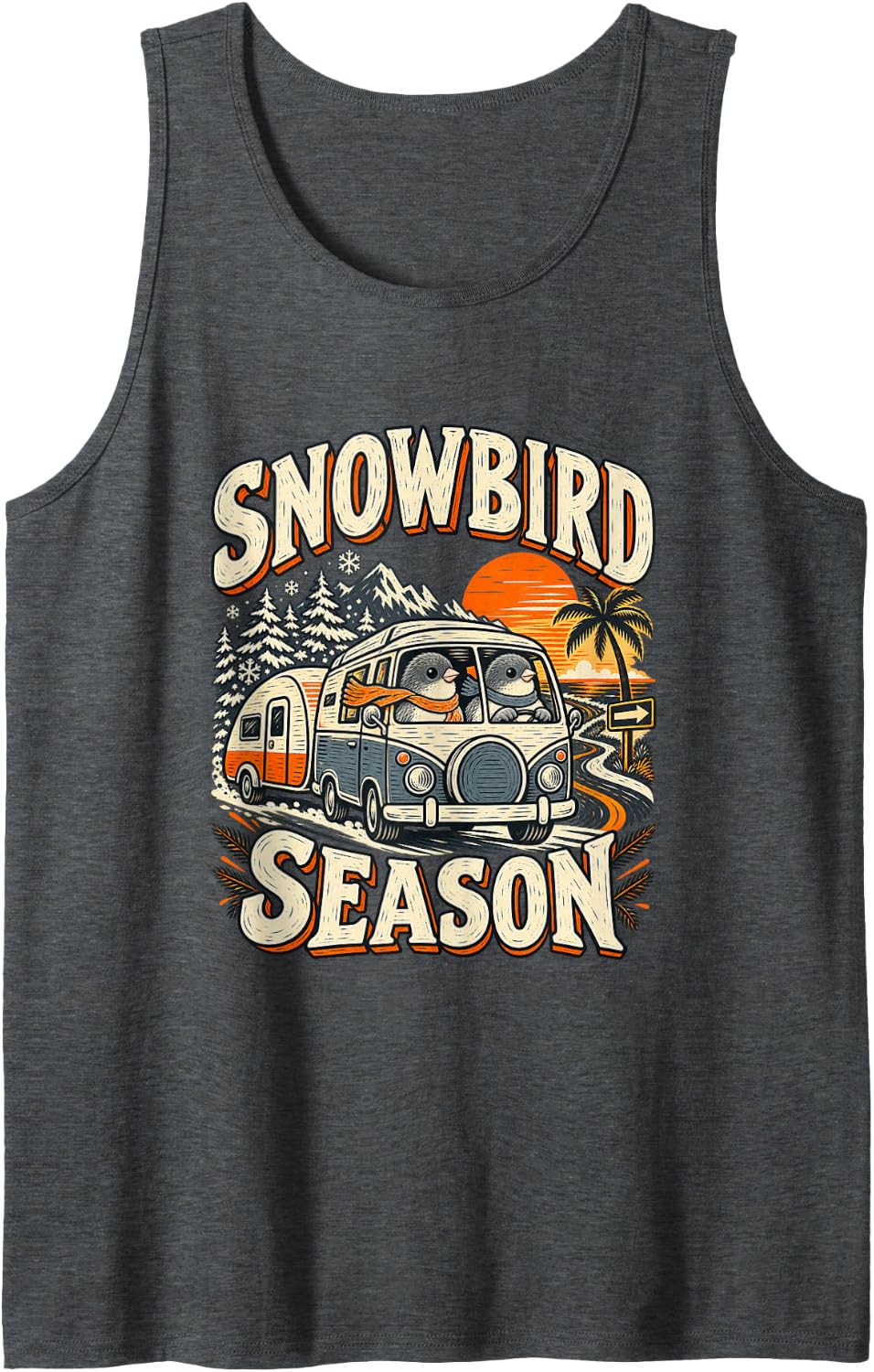 Snowbird Season RV Camping Camper Van Winter Travel Sleeveless Tank Top - Dark Heather Grey