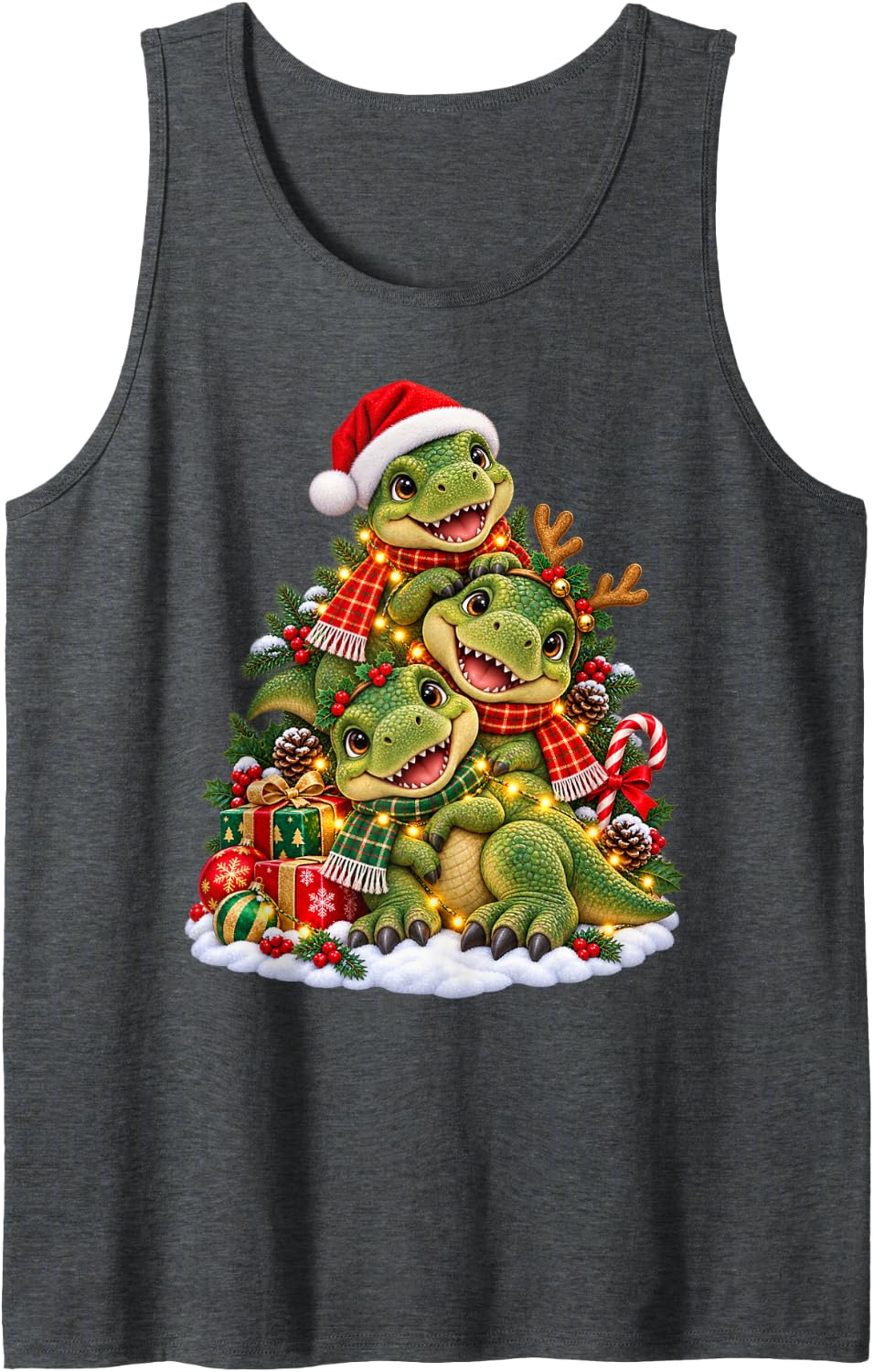 Cheerful Dinosaur Holiday Animal Lover Graphic Sleeveless Tank Top - Dark Heather Grey