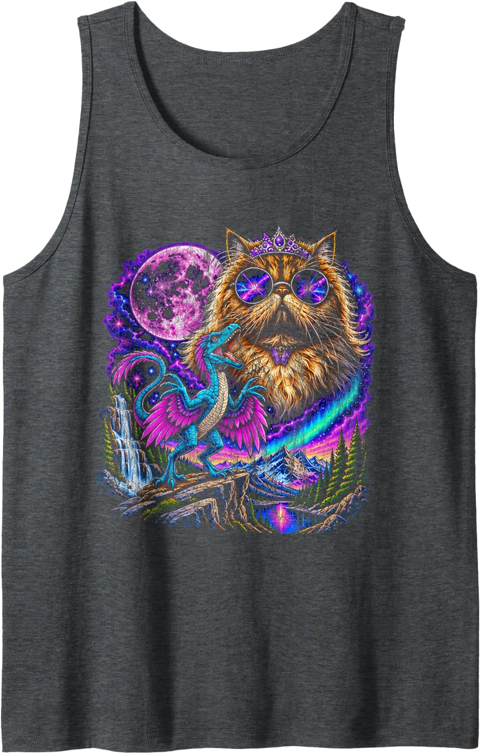 This is an Outrage Funny Princess Cat Dinosaur Donut Retro Sleeveless Tank Top - Dark Heather Grey