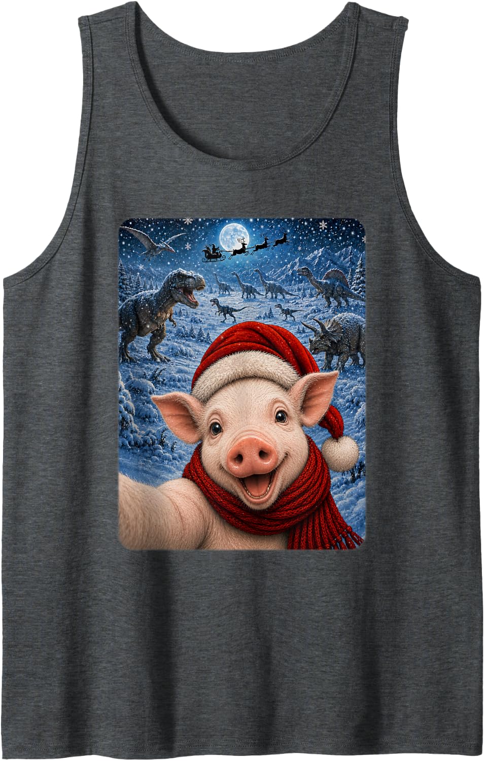 Pig Selfie Dinosaurs Christmas Santa Hat Festive Xmas Pig Sleeveless Tank Top - Dark Heather Grey
