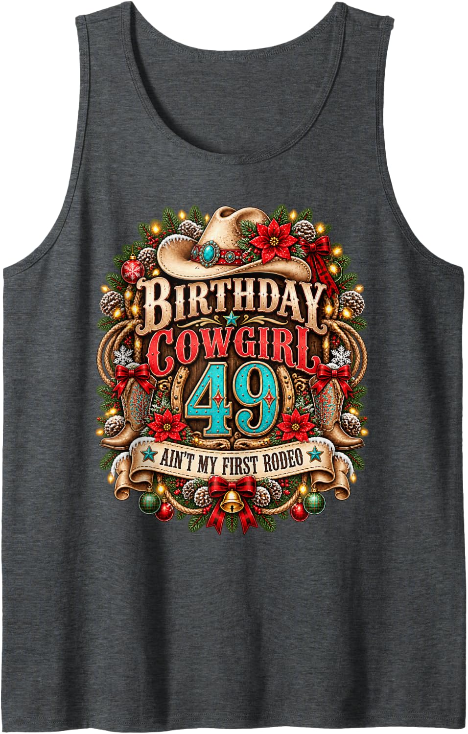 49th Birthday Cowgirl Christmas Rodeo 49 Yr Old Western Girl Sleeveless Tank Top - Dark Heather Grey