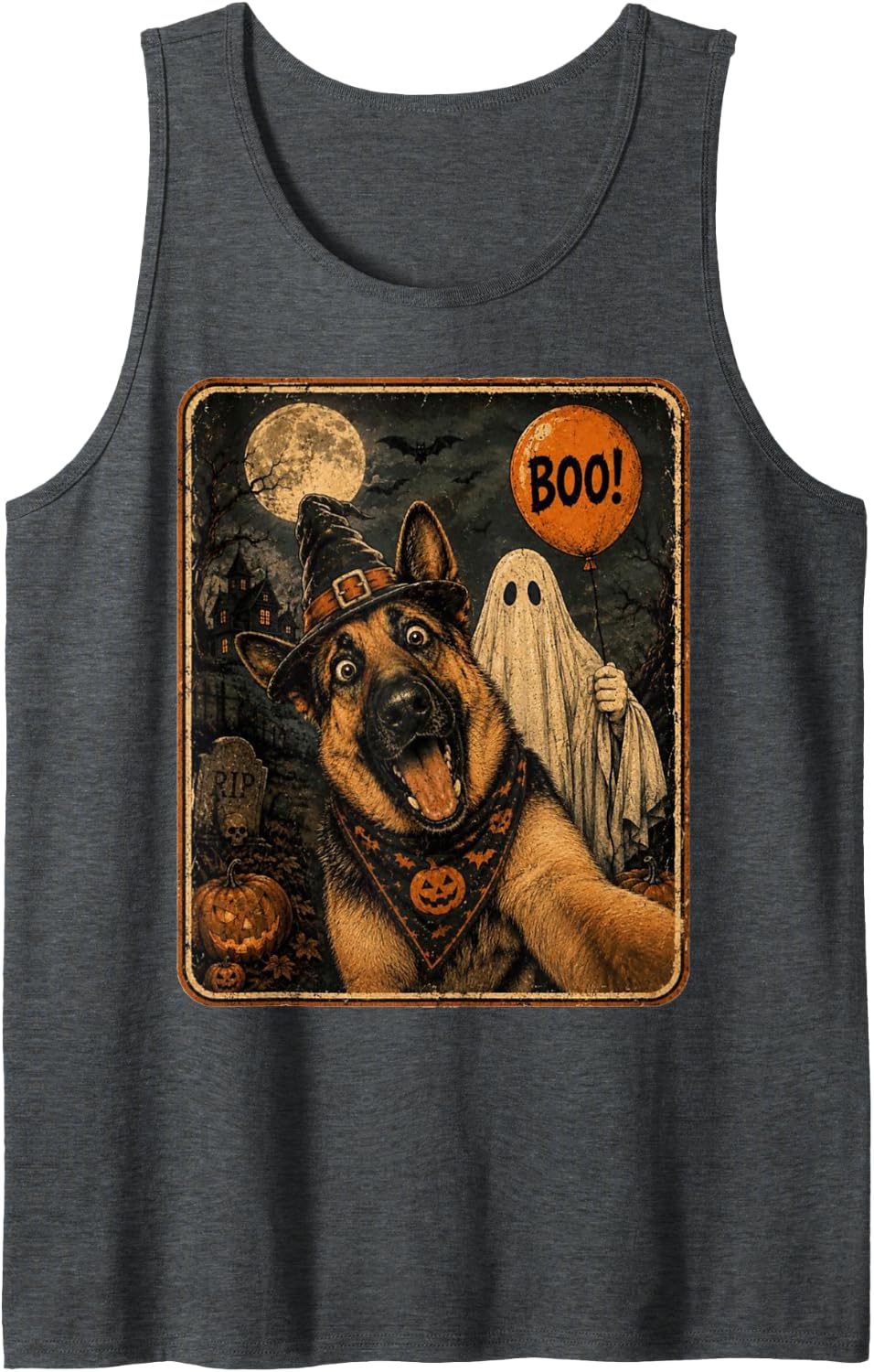 German Shepherd Halloween Ghost Selfie Boo Dog Meme Graphic Sleeveless Tank Top - Dark Heather Grey