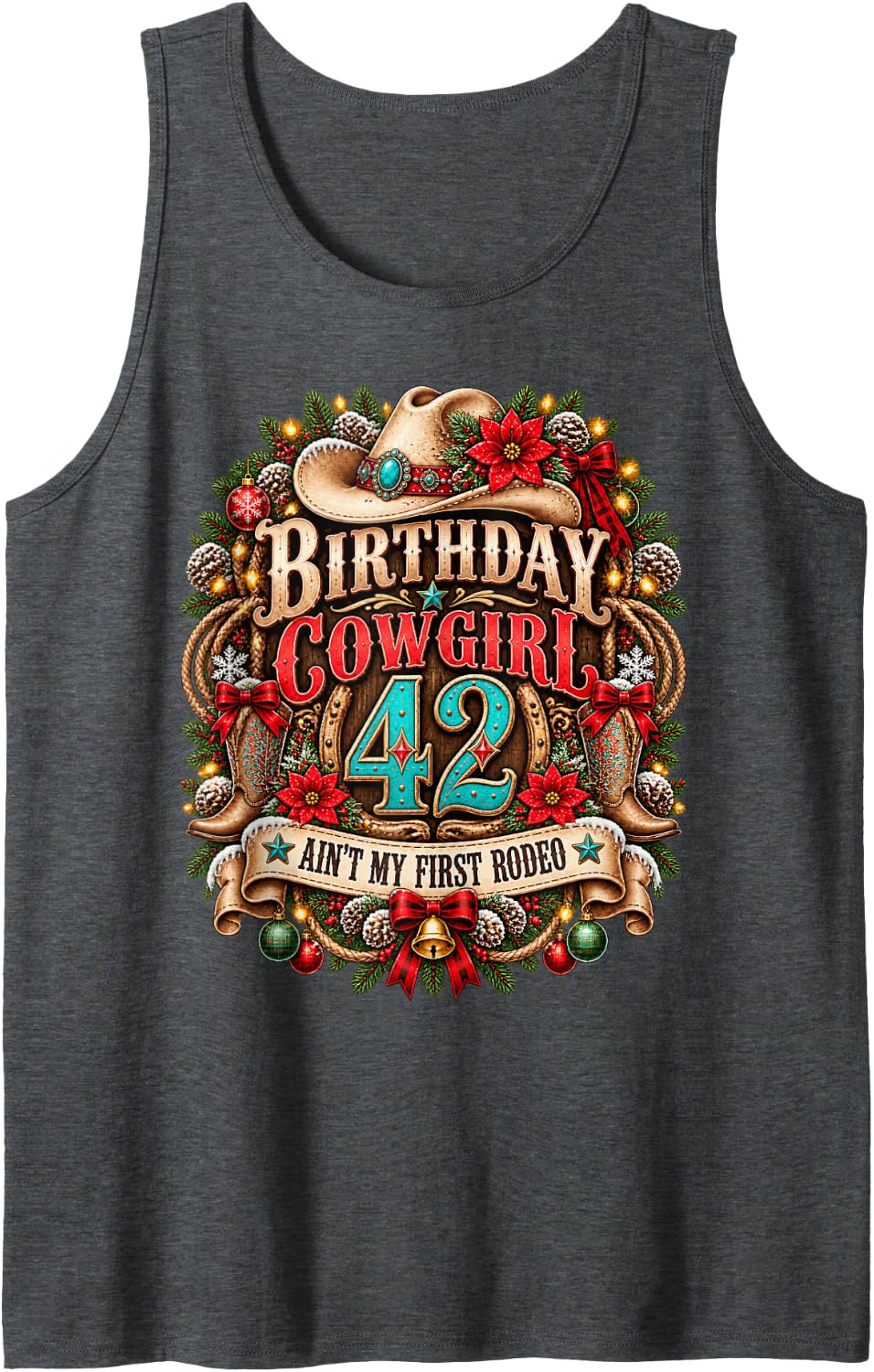42nd Birthday Cowgirl Christmas Rodeo 42 Yr Old Western Girl Sleeveless Tank Top - Dark Heather Grey