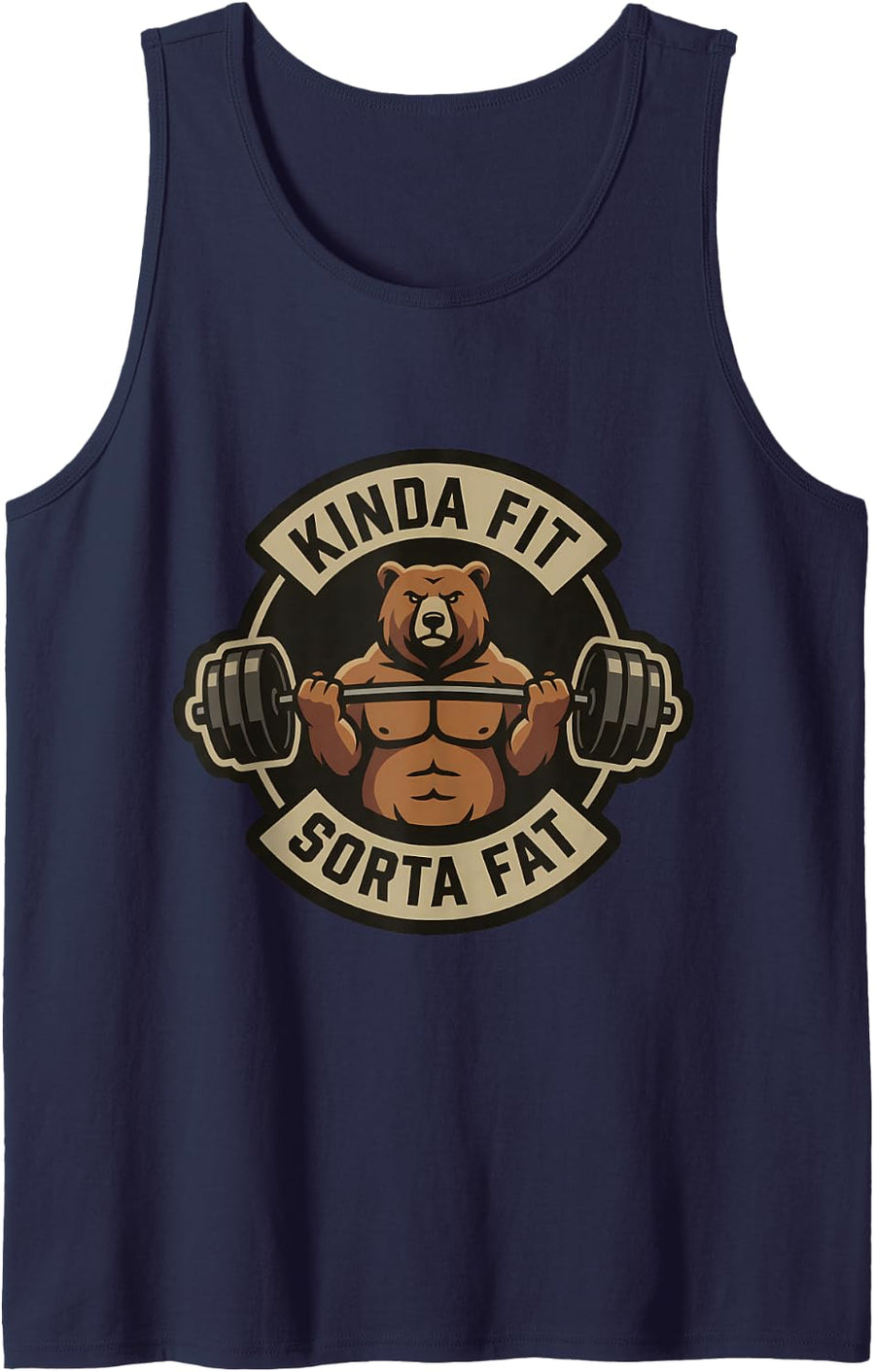 Kinda Fit Sorta Fat Funny Gym Bear Weightlifting Workout Gag Tank Top - Navy Blue