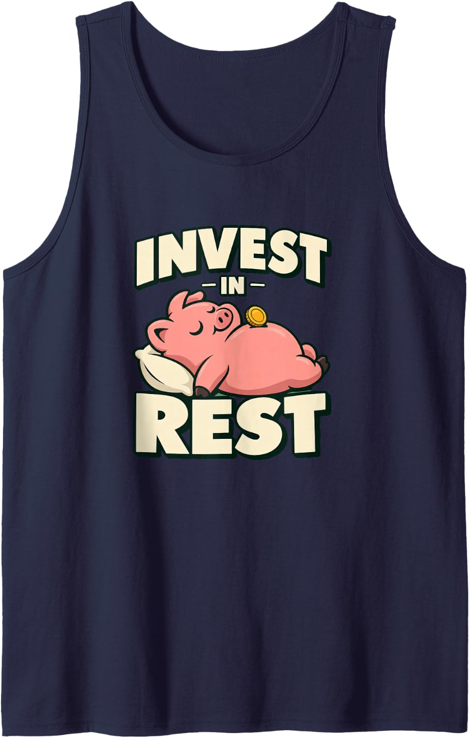 Invest in Rest Sleeping Pig Financial Wellness Sleeveless Tank Top - Navy Blue