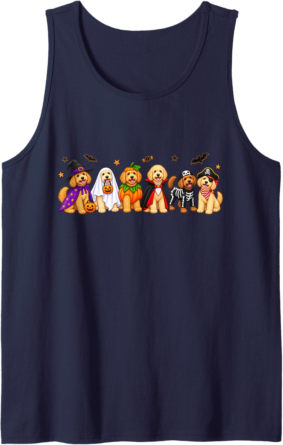 Cute Spooky Ghost Goldendoodle Pumpkin Halloween Dog Costume Sleeveless Tank Top - Navy Blue