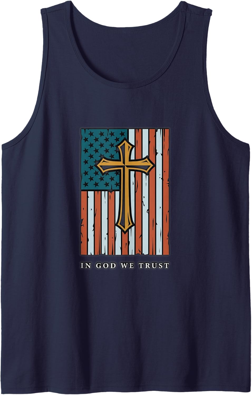 in God We Trust American Flag Cross Patriotic Catholic Sleeveless Tank Top - Navy Blue