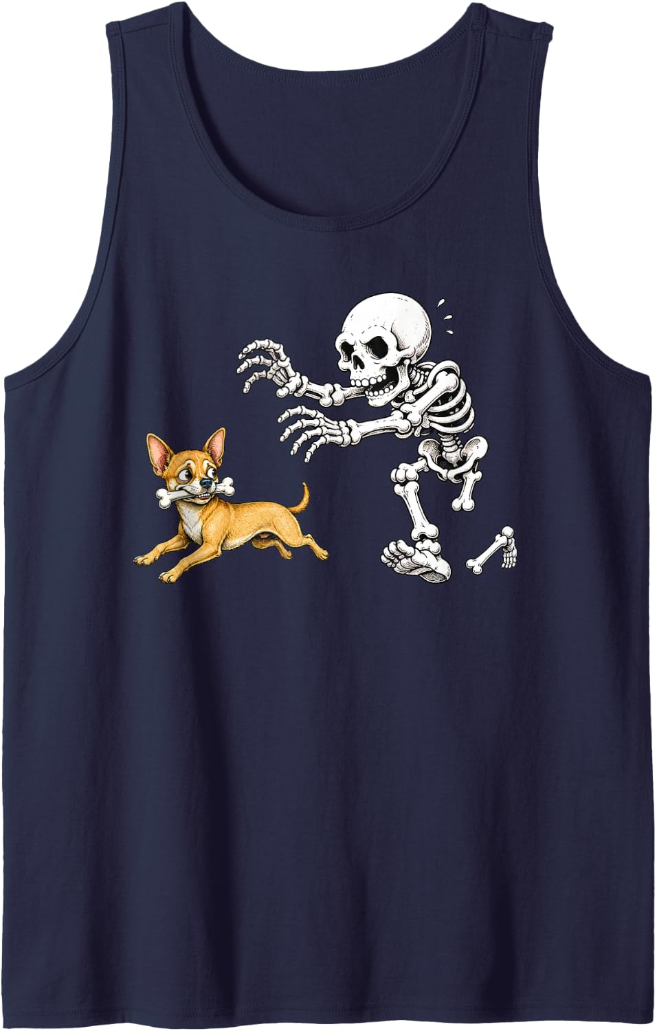 Chihuahua Dog Skeleton Bone Chase Funny Halloween Humor Tank Top - Navy Blue