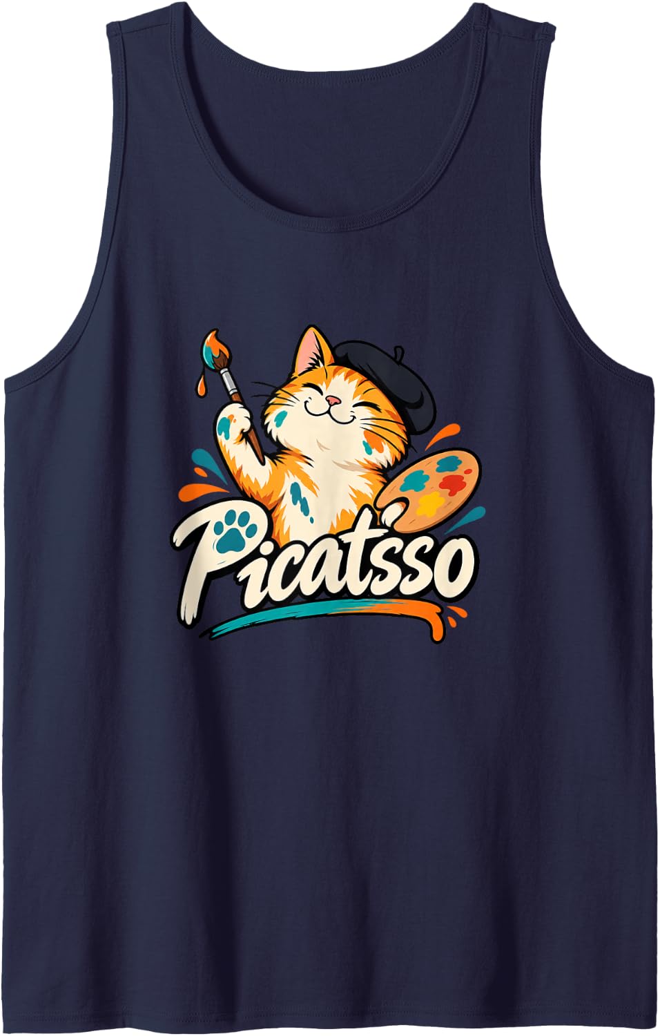 Picatsso Cat Palette Funny Painter Cat Lover Sleeveless Tank Top - Navy Blue