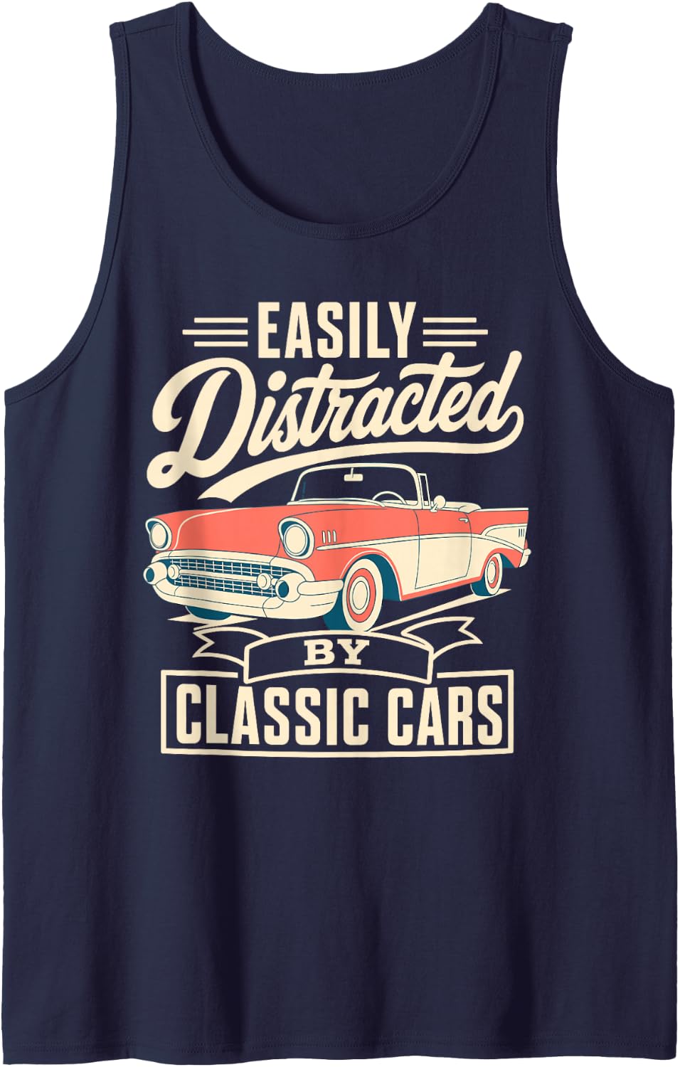 Easily Distracted by Classic Cars Car Guy Sleeveless Tank Top - Navy Blue