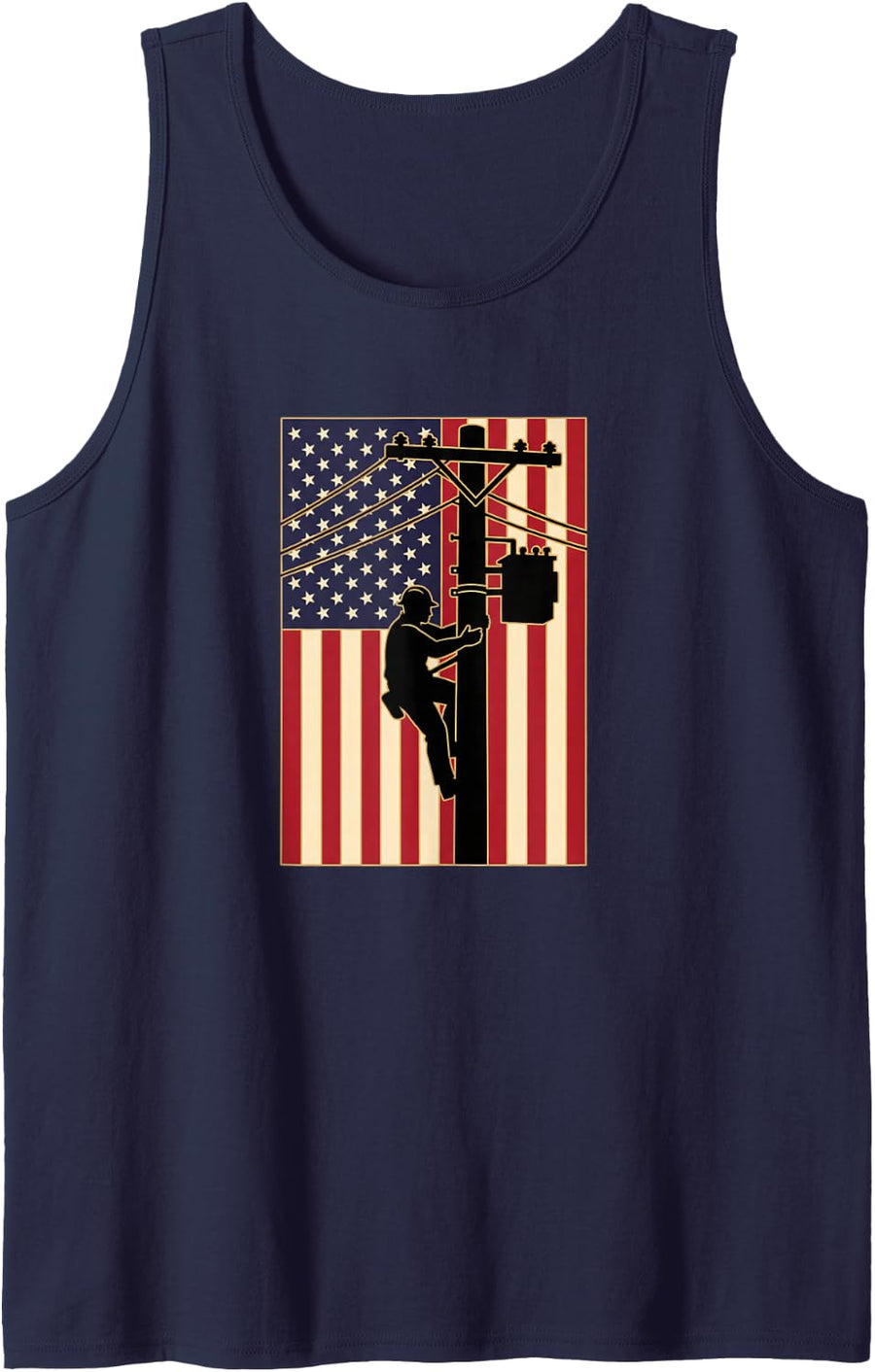 Lineman Climbing Pole Flag Patriotic Electrician Tank Top - Navy Blue