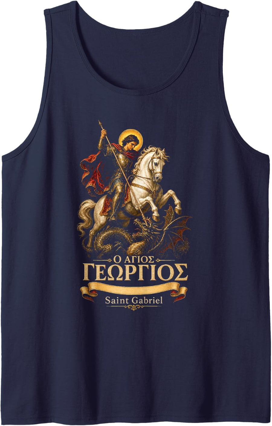Catholic Saint Gabriel Knight Dragon White Horse Painting Sleeveless Tank Top - Navy Blue