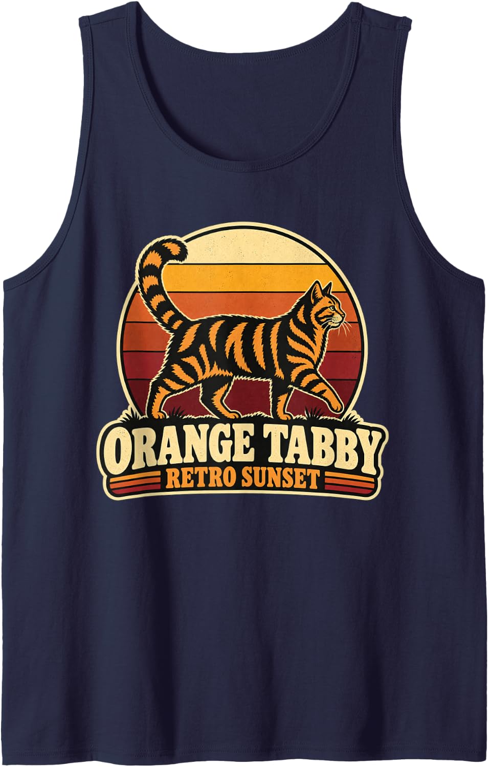 Vintage Orange Tabby Retro Sunset Sleeveless Tank Top - Navy Blue