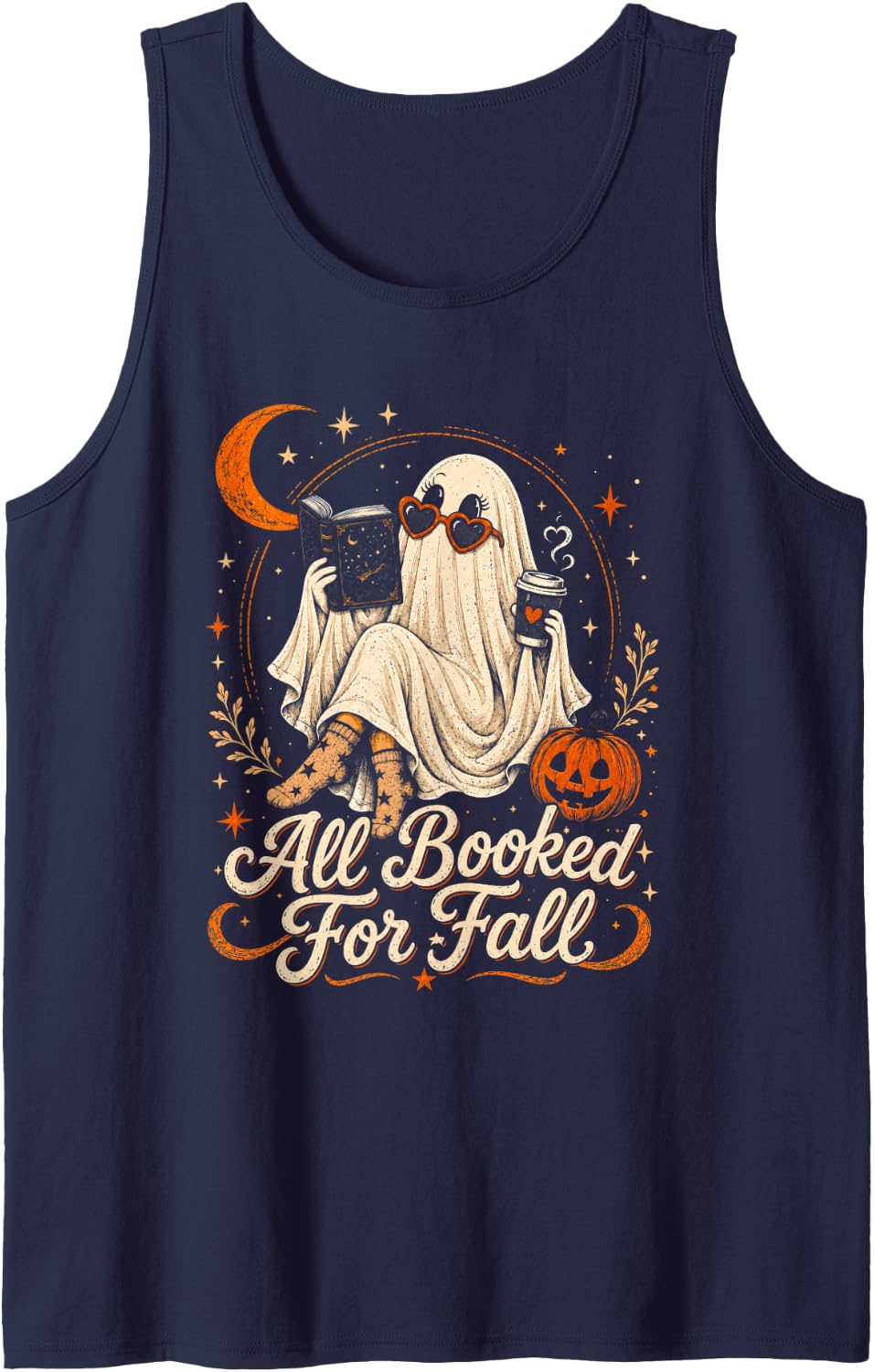 All Booked for Fall Books Coffee Ghost Autumn Reading Women Sleeveless Tank Top - Navy Blue