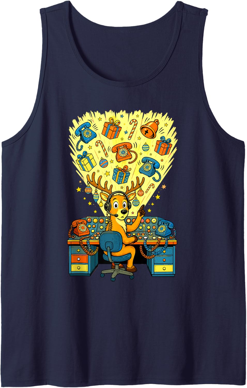 911 Dispatcher Christmas Reindeer Headset Sleeveless Tank Top - Navy Blue