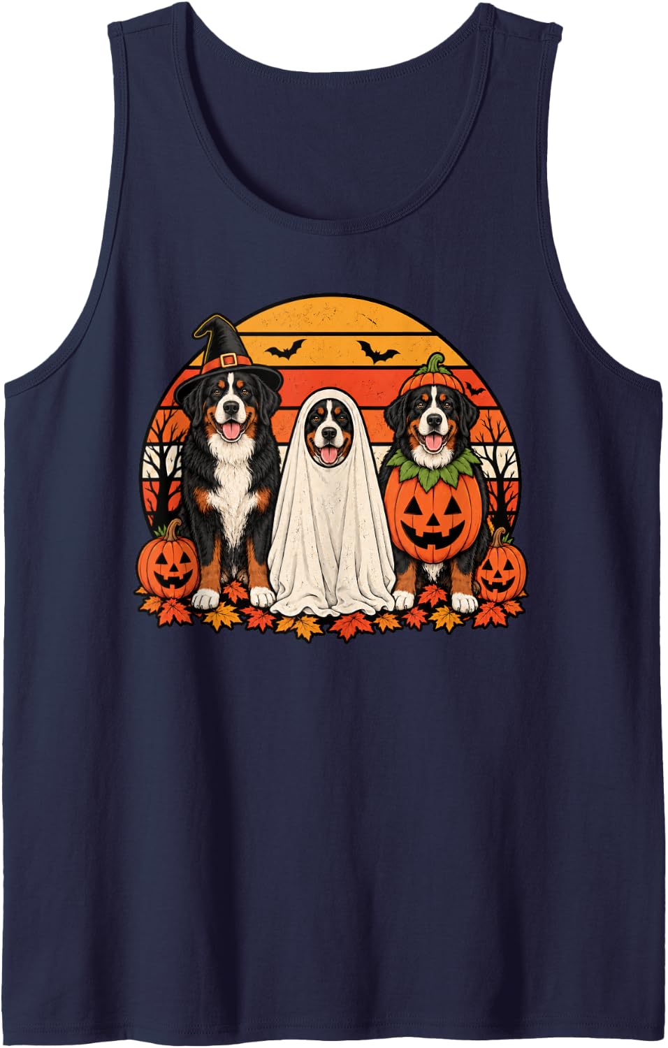 Spooky Bernese Mountain Dog Pumpkin Ghost Halloween Berner Sleeveless Tank Top - Navy Blue