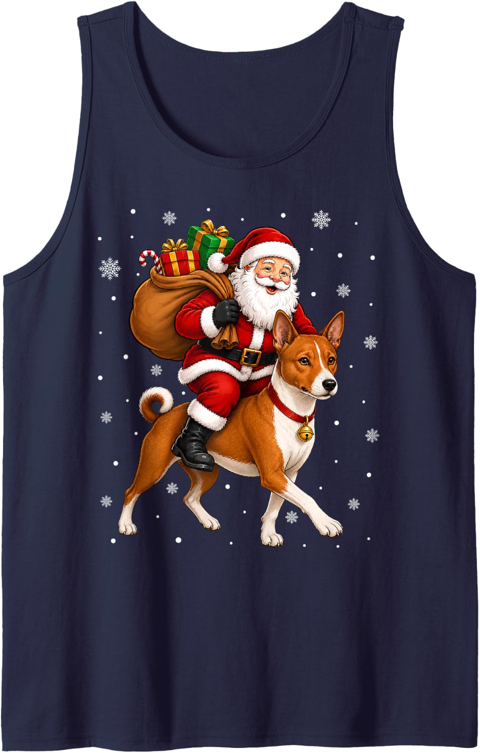 Festive Holiday Funny Santa Riding Basenji Dog Christmas Sleeveless Tank Top - Navy Blue