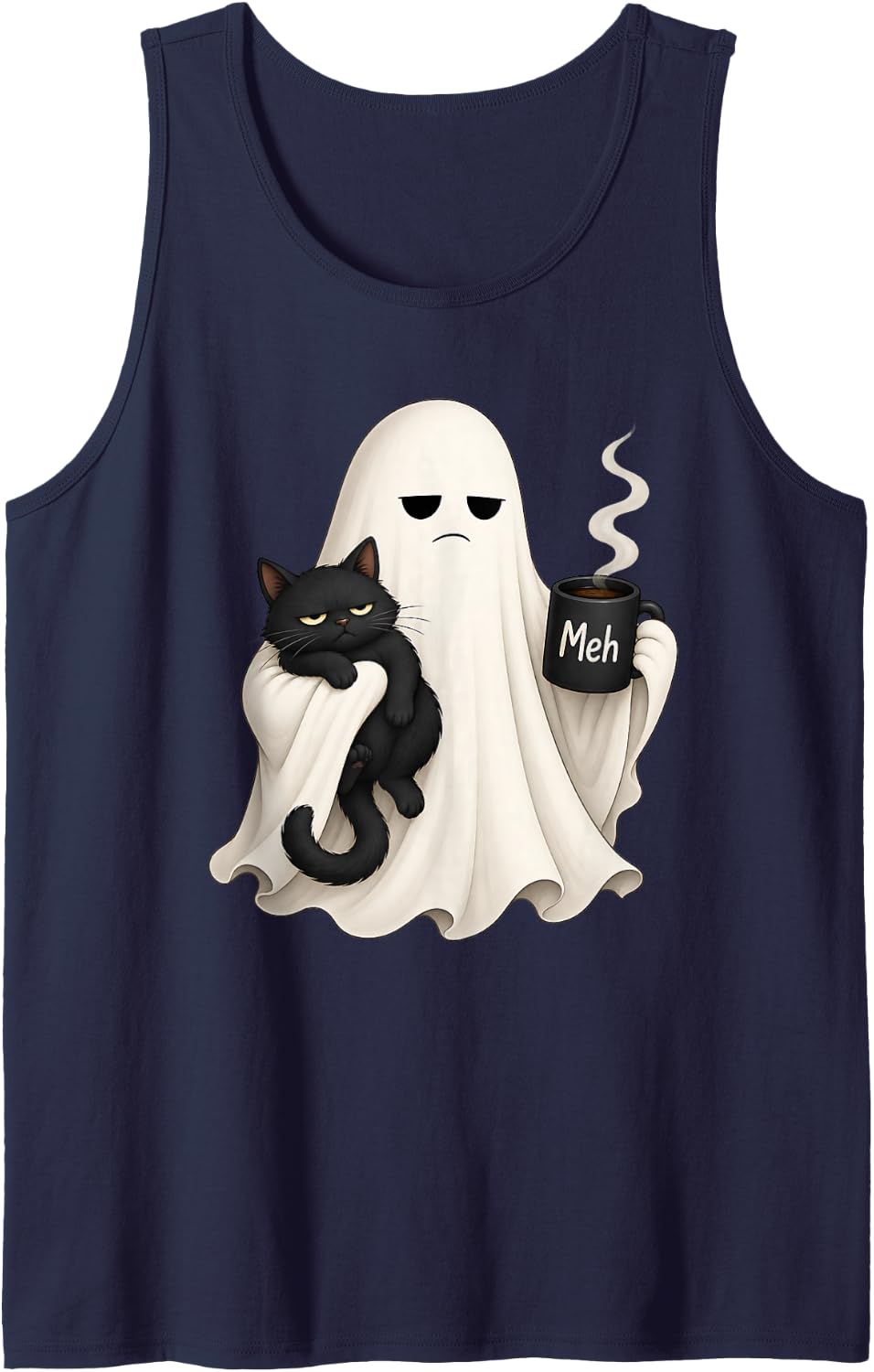 Funny Halloween Black Cat and Ghost Coffee Sleeveless Tank Top - Navy Blue