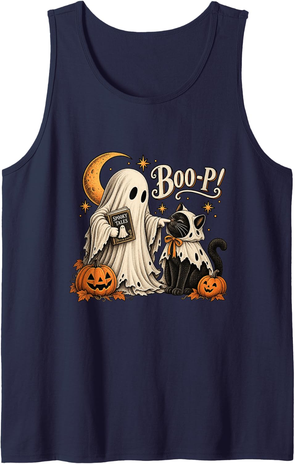 Vintage Halloween Spooky Book Ghost Black Cat Boo-P Sleeveless Tank Top - Navy Blue