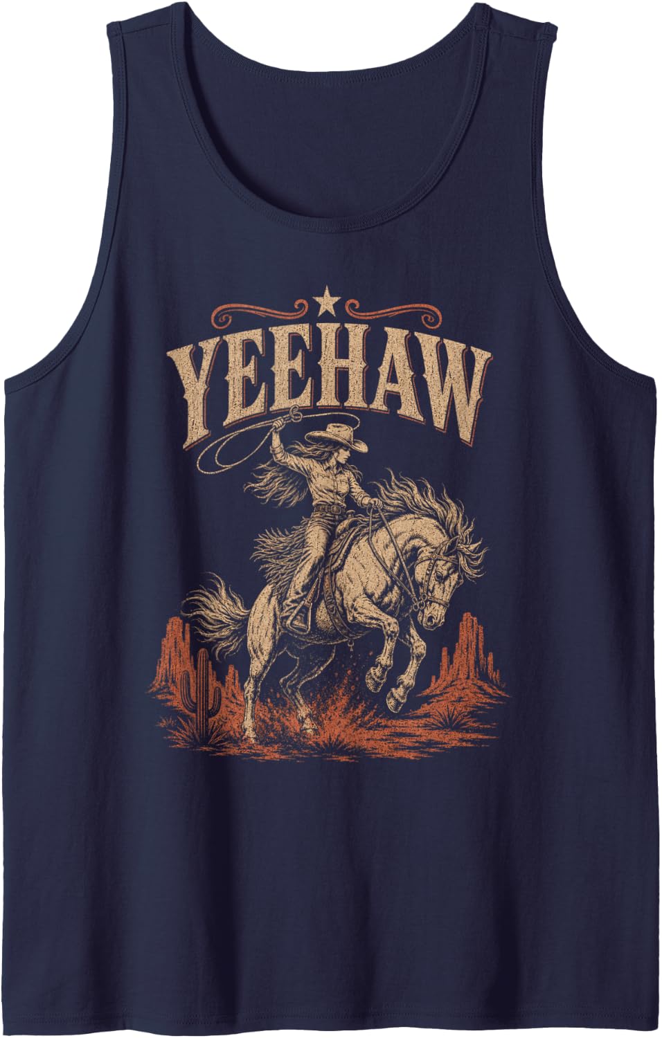 Yeehaw Cowgirl Rodeo Horse Riding Vintage Western Graphic Sleeveless Tank Top - Navy Blue