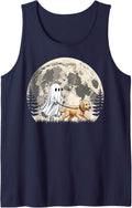 Funny Ghost Walking Goldendoodle Full Moon Halloween Tank Top - Navy Blue