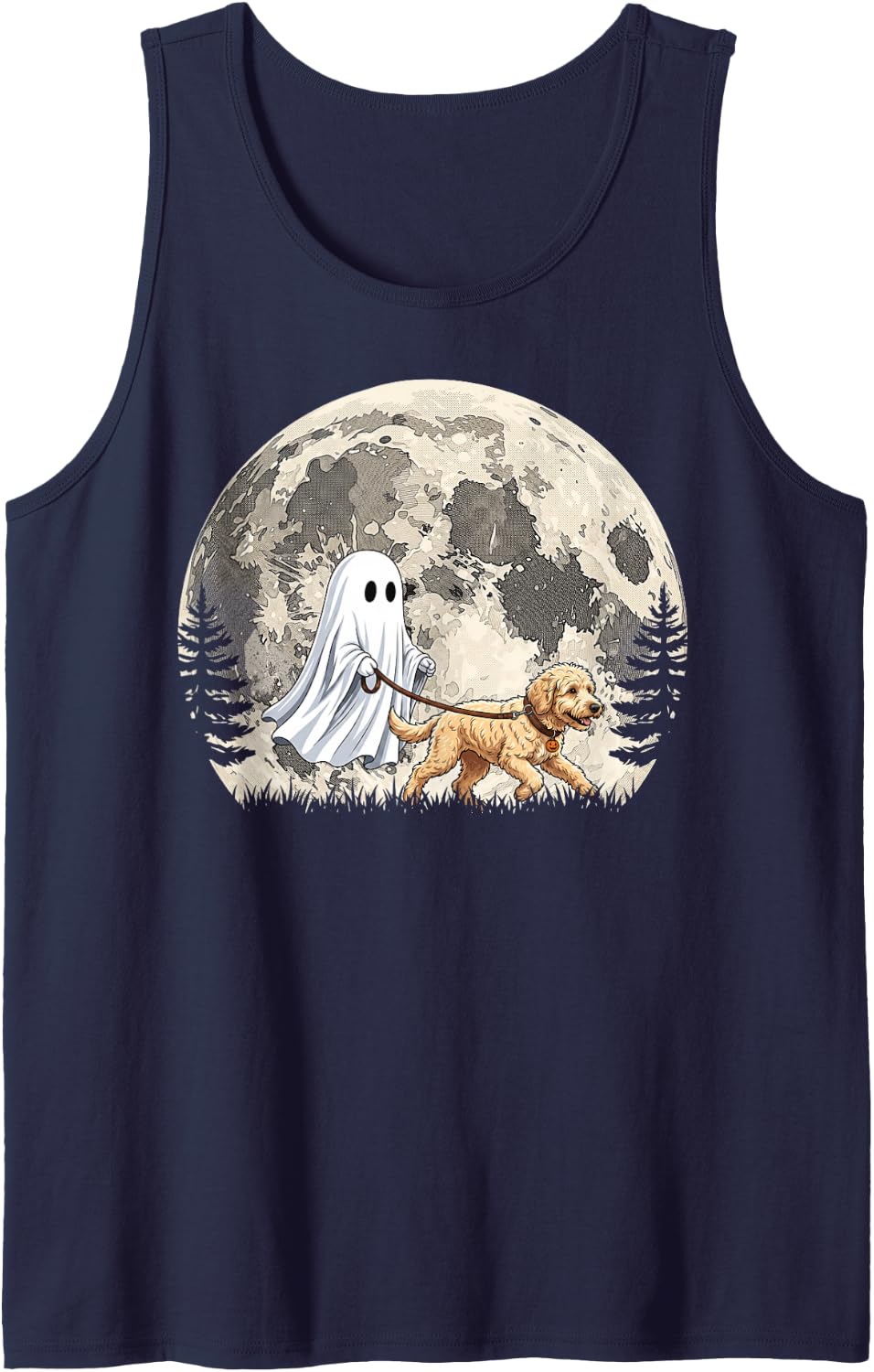 Funny Ghost Walking Goldendoodle Full Moon Halloween Tank Top - Navy Blue