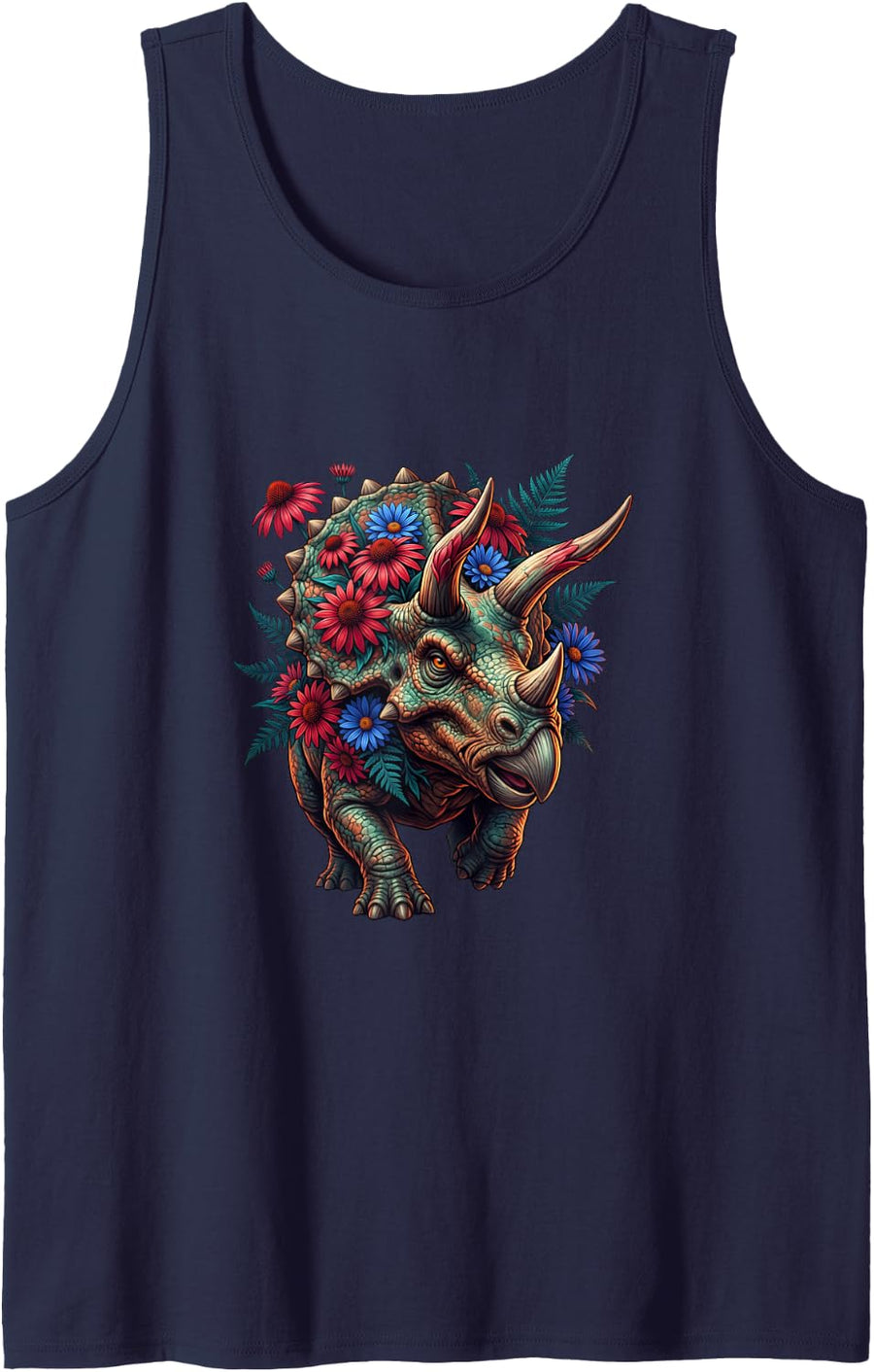 Triceratops with Colorful Garden Flowers Sleeveless Tank Top - Navy Blue