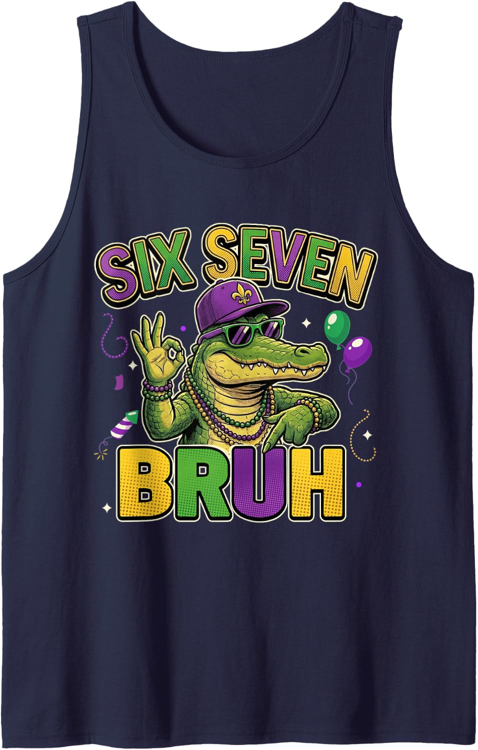 Six Seven Bruh Boys Kids Mardi Gras Alligator Mardi Gator 67 Sleeveless Tank Top - Navy Blue