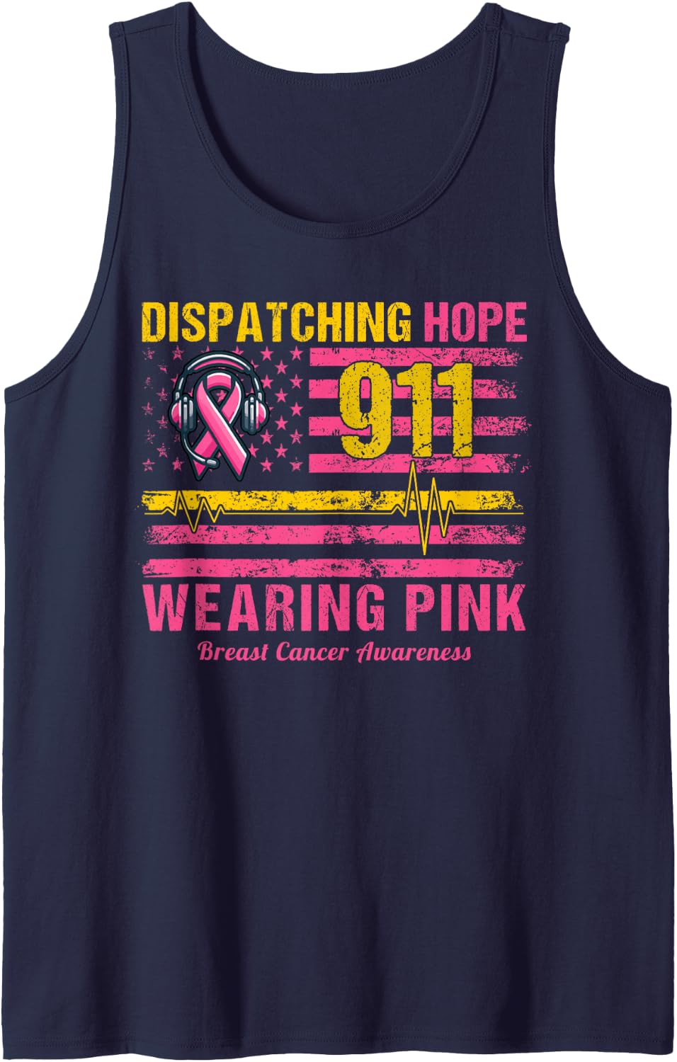 911 Dispatcher Breast Cancer Awareness US Flag We Wear Pink Sleeveless Tank Top - Navy Blue