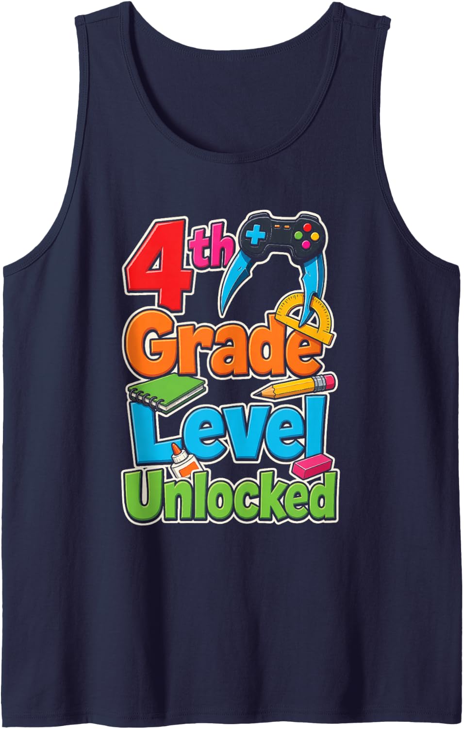4th Grade Level Unlocked Video Game First Day Boys Girls Sleeveless Tank Top - Navy Blue